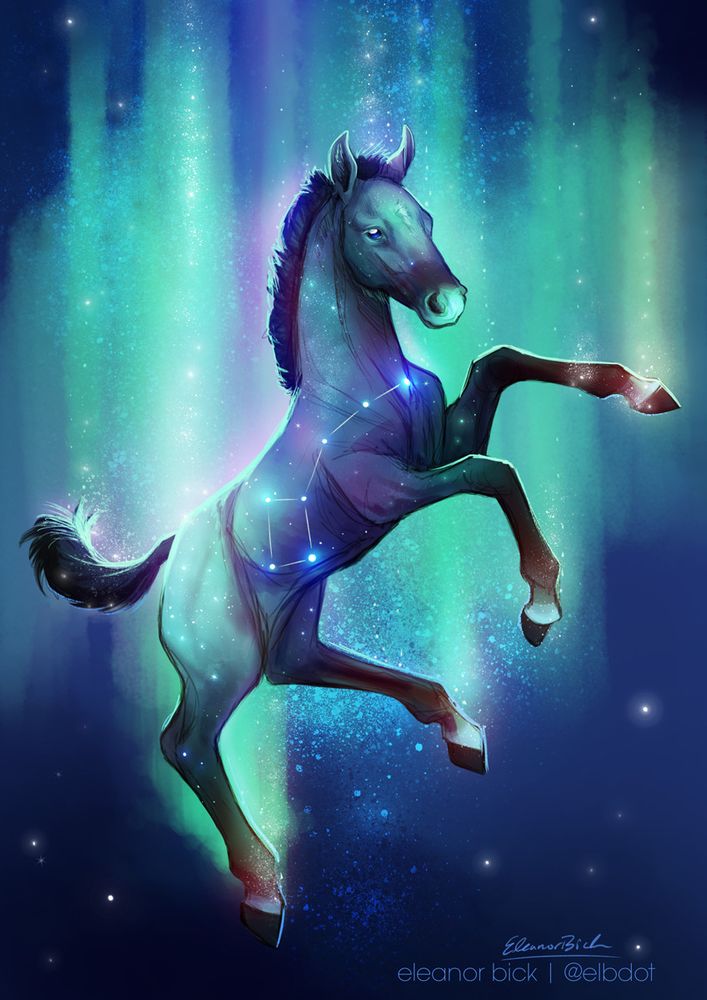 Little Dipper - a star-blessed foal with the constellation of Ursa minor on its coat, the north star Polaris marking its heart. 
This illustration is part of my "Herds of Epona" project - A trading card series currently in the works and to be sold on Conventions in Summer 2025. The production of these cards is being funded through my Patreon, where you get a direct and early look at new illustrations, sketches and progress on the production of merch. 

Look up the hashtag #HerdsofEpona on my blog for more card illustrations.
