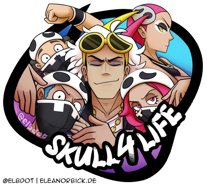 Team Skull sticker: The entire team skull gang from the Pokemon Sun and Moon games banding together, a group shot of them crowded within the outlines of their own gang logo. Guzma smuggly grins, eyes closed, surrounded by three of his grunts. His admin Plumeria looks down judgmentally on the gang and their all too cocky leader from the top right corner.

The sticker design can be purchased on my Redbubble, link here:
https://www.redbubble.com/shop/ap/171521198?asc=u
