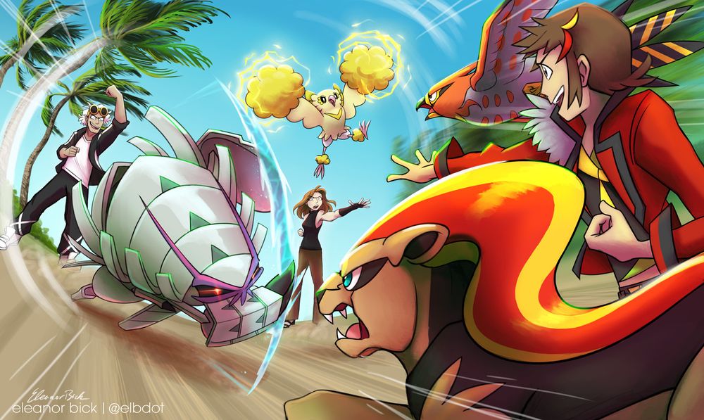 Most people online know me for my Pokemon Webcomic "El's Alolan Adventures". The comic can be read on tumblr and Webtoons, link can be found in my mentioned linktree in this post. 
It's a slice-of-life comic and direct continuation to the game story of Pokemon Sun and Moon. People unfamiliar with the games can find a plot summary for it on my homepage (also listed on my linktree) to get started.

This battle scene is not featured in the comics, but has actually been commissioned by one of my Patrons earlier this year. An absolute dream come true to get paid for to work on, thank you Linus! 😄
The Webcomic gets mainly funded through Patreon - Otherwise I would not be able to afford the time to work on it. I thank every single one of you who decides to support me and my stories through Patreon.