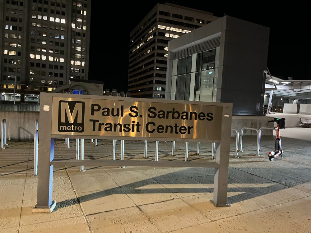 Paul S. Sarbanes Transit Center sign with DC Metro logo at night