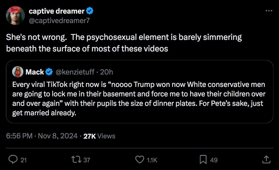 kenzietuff writes, "Every viral TikTok right now is 'noooo Trump won now White conservative men are going to lock me in their basement and force me to have their children over and over again" with their pupils the size of dinner plates. For Pete's sake, just get married already." Captive Dreamer replies, "She's not wrong. The psychosexual element is barely simmering beneath the surface of most of these videos."