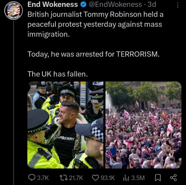 End Wokeness tweets a picture of a large rally and a picture of Tommy Robinson being arrested. He comments, "British journalist Tommy Robinson held a peaceful protest yesterday against mass immigration. Today he was arrested for terrorism. The UK has fallen.