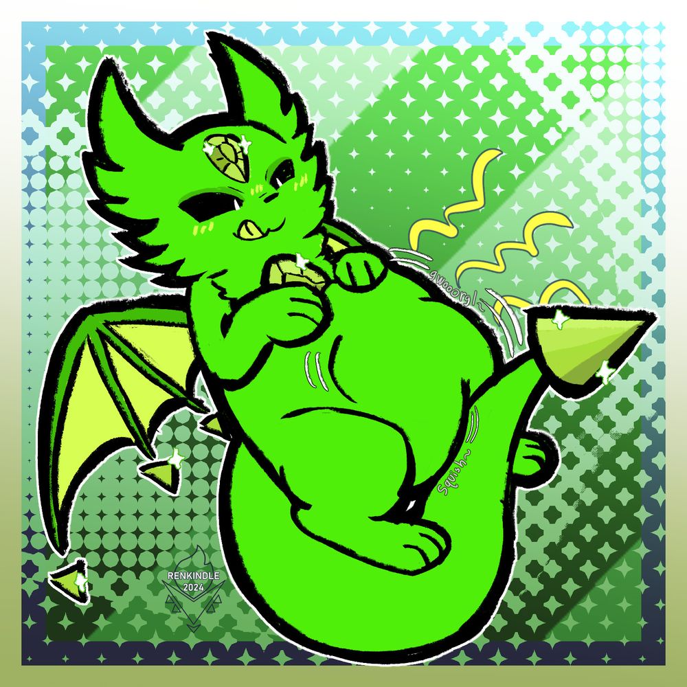 A vore illustration of the fursona of one of our system members, Ridley, who goes by mirrored pronouns (but using any pronouns is still acceptable). Ridley is a small neon green cat-dragon hybrid, with fluffy fur and cut peridot gems on its forehead, chest, tail, and wings. Carrying a smug expression on its face, it is licking its lips and has its forepaws on its belly. Whoever is inside is squirming around. Ridley's tail is in between his legs pressing on his belly.

This art was drawn by Ridley!