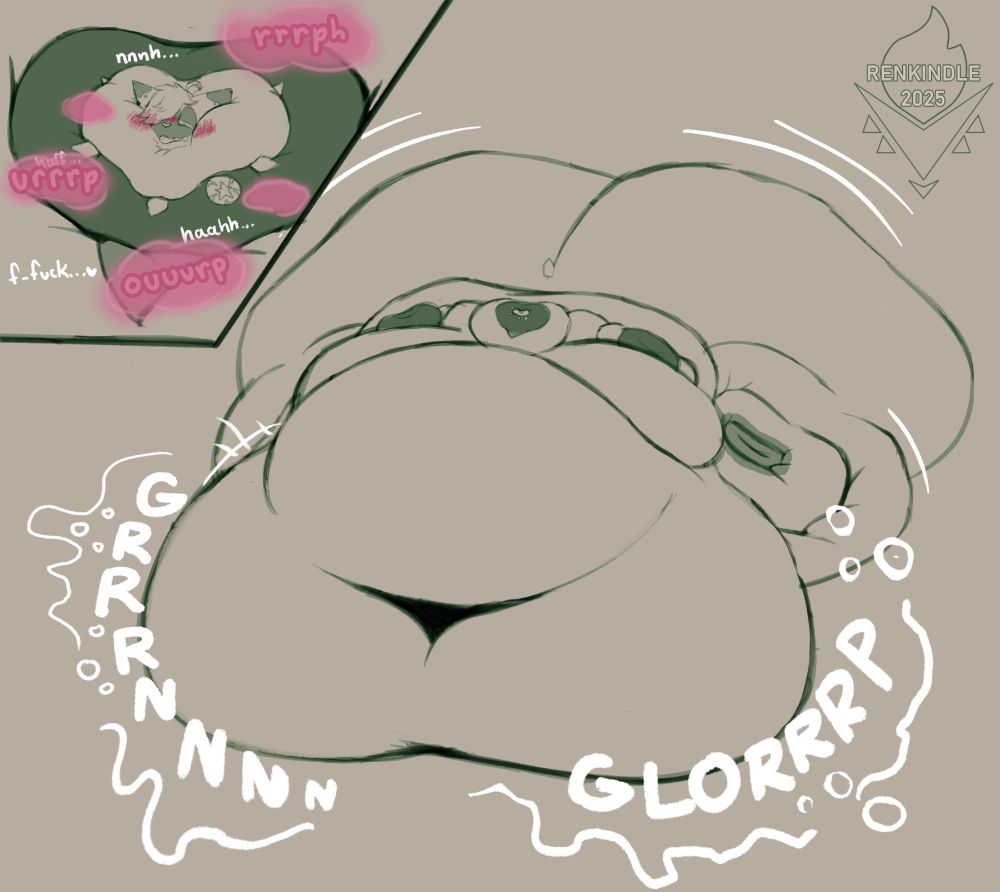 An illustration of the pokesona of our alter Thalia (he/she/it), a Floragato, except he has expanded MUCH more than the last image, stomach rumbling loudly and rolls of fat wobbling. She is so huge that her head can only be seen in a close-up - she has a pleasured expression on her face (that is buried in her huge cheeks). Thalia cannot stop itself from moaning in between belches.

This was mostly drawn by our alter Thalia! Once again, strangers please don't make comments about touching and whatnot, we will tell you off and/or hide your comment, but friends are invited to be more directly horny.