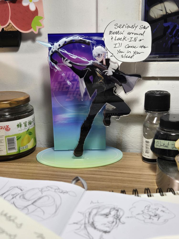 Standee of Aurelius from Dislyte with a note attached saying, "Stop messing arround and lock in or I'll come after you in your sleep."