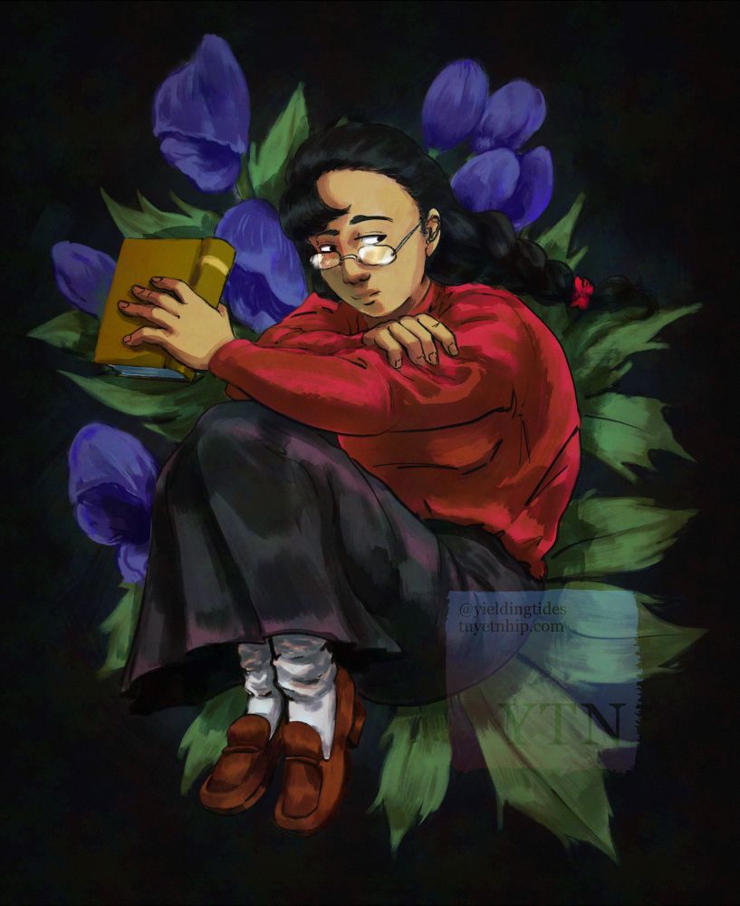 Illustration of Rhea Marks, the main character of RED SNARE, sitting centered holding a book in her left hand. The background is a close-up illustration of Wolfsbane or Monkshood.