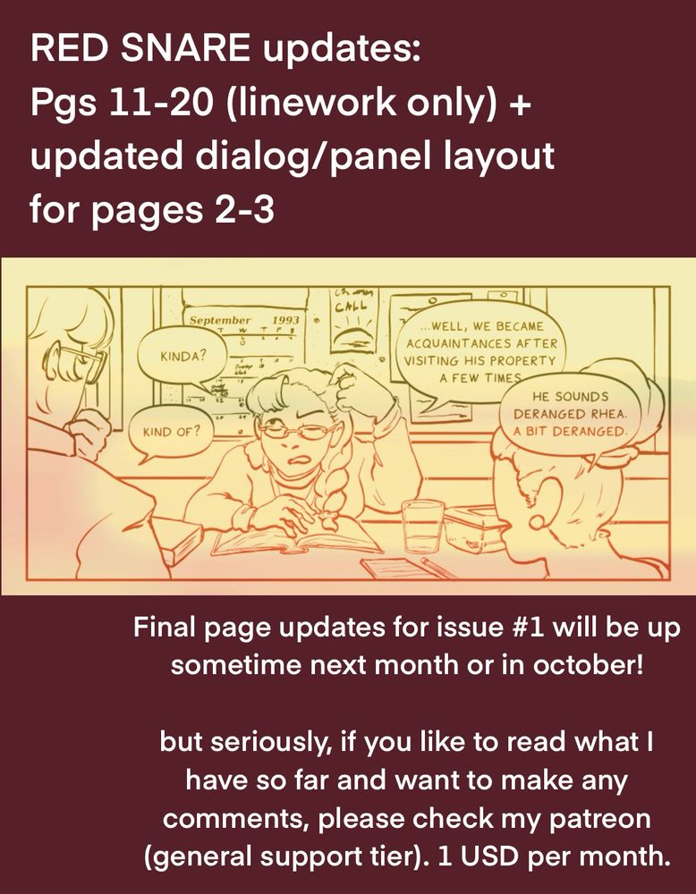 Panel preview of RED SNARE, along with info about its updates. Final page updates will be up near the end of September or October 2025 on patreon.