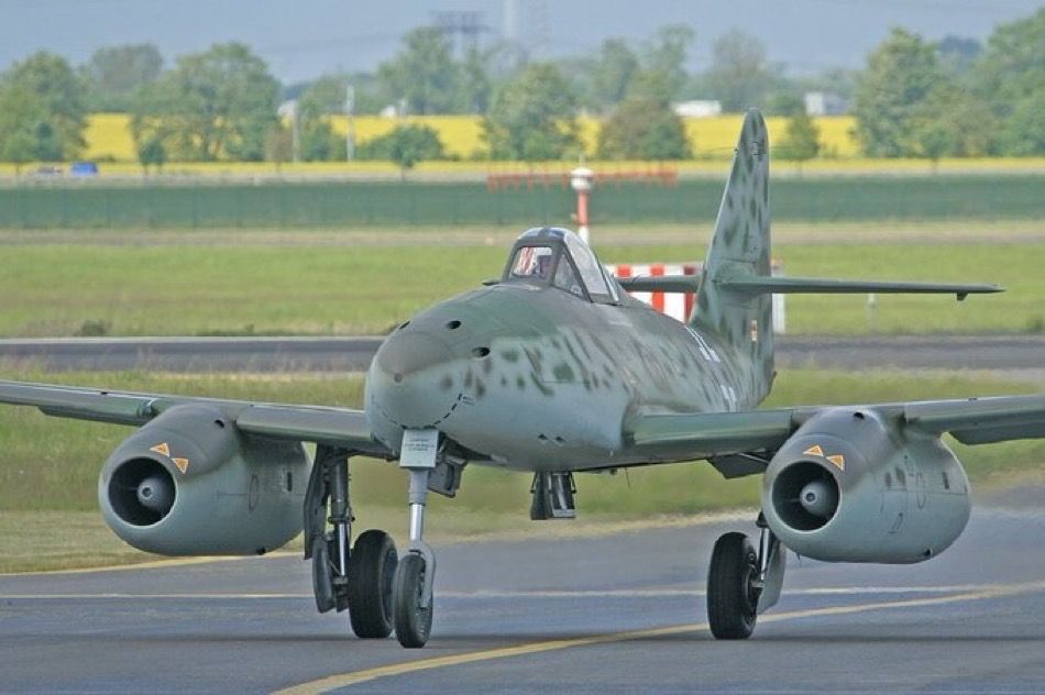 A restored ME-262 German war plane, one of the first jet-propelled planes.