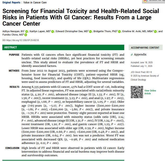 
Screening for Financial Toxicity and Health-Related Social Risks in Patients With Gl Cancer: Results From a Large
Cancer Center

PURPOSE Patients with GI cancers often face significant financial toxicity (FT) and
health-related social risks (HRSRs), yet best practices for screening remain unclear. This study aimed to evaluate the prevalence of FT and HRSR and identify associated factors.
METHODS From June 2022 to August 2023, patients were screened using the Compre-hensive Score for Financial Toxicity (COST), patient-reported HRSR (eg, housing, food insecurity), and quality of life (QOL). Multivariate regressions were used to assess predictors of FT and HRSR, adjusting for several variables.
RESULTS Among 8,335 patients with GI cancer, 45% had a COST score of <26, indicating FT. In adjusted linear regression, FT was associated with racial/ethnic minority status (B, 4.20; P < .001), advanced disease (stage III (B, 1.33; P < .001); IV [B,
1.56; P < .001)), recent treatment (B, 3.23; P < .001), and anal (B, 1.97; P = .003),
esophageal (B, 1.66; P = .005), or hepatobiliary cancer (B, 1.05; P = .031). Older
age (≥65 years [B, -5.17; P < .001)), higher income ($100,000-$200,000 (B, -181; P < .001); >$200,000 [B, -3.80; P < .001)), and private insurance (B, -1.70; P < .001) were protective. Twenty-eight percent reported at least one HRSR. HRSRs were associated with minority status (odds ratio [OR], 2.14;
P < .001), advanced disease (stage III [OR, 1.31; P = .001); IV[OR, 1.24; P = .010)),
recent treatment (OR, 1.20; P = .001), and gastric cancer (OR, 1.25; P = .027).
Lower HRSR was associated with older age (OR, 0.59; P < .001), higher income ($100,000-$200,000 (OR, 0.66; P < .001); >$200,000 (OR, 0.48; P < .001)), and private insurance (OR, 0.64; P < .001). Sex was not a predictor. Worst FT was associated with decreased QOL (B, -0.98; P < .001) and reduced medication adherence (B, 0.11; P < .001).
CONCLUSION High levels of FT and HRSR were observed in patients with GI ca…