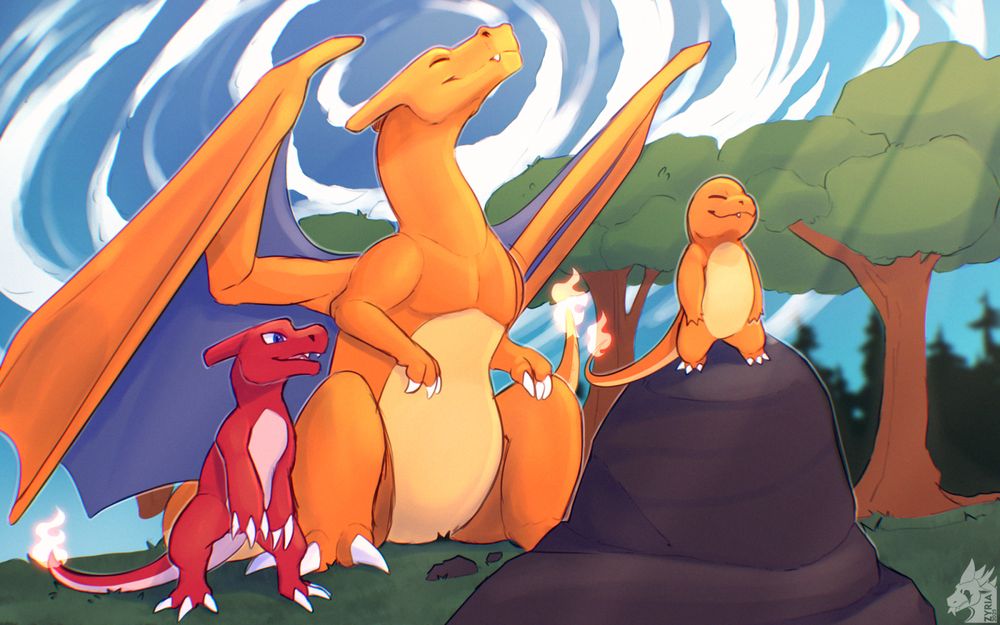 charizard having a sunbath with his pre evos