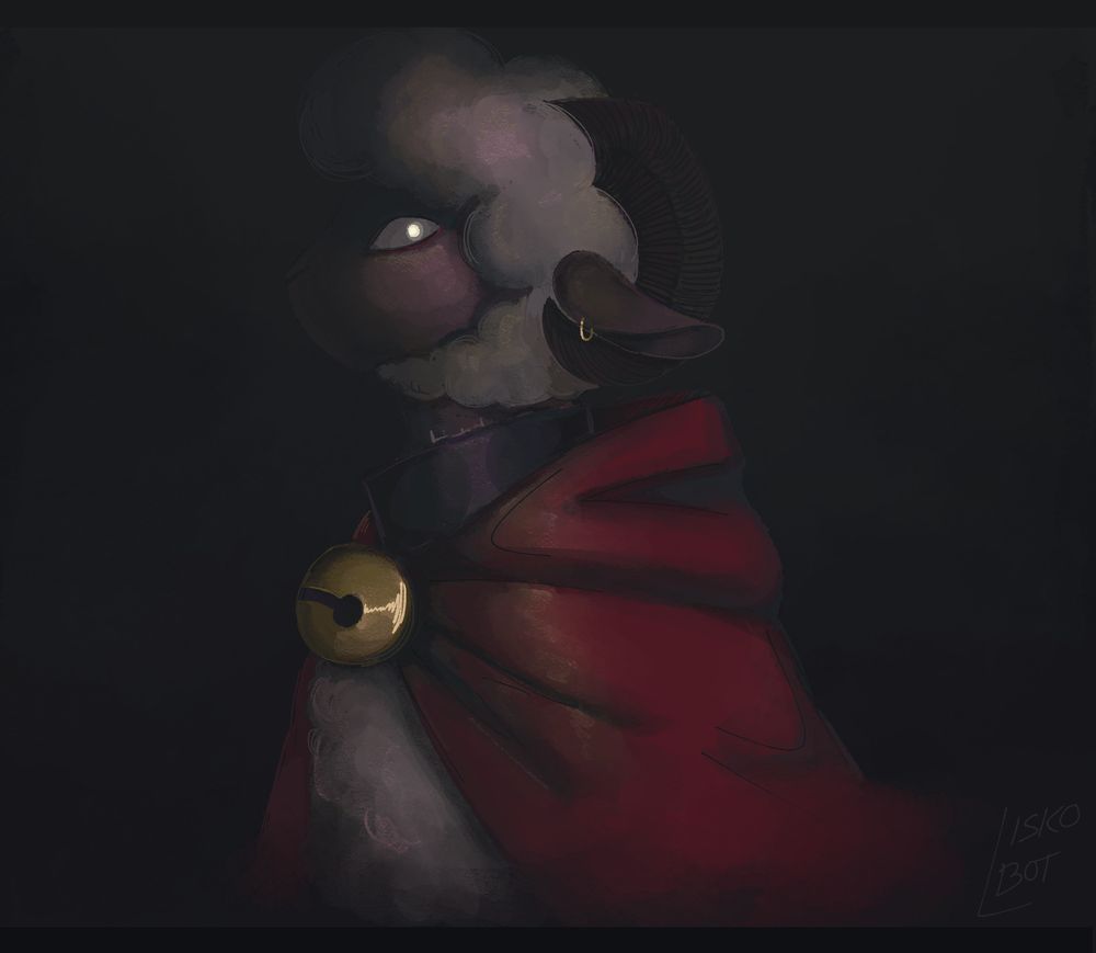 the lamb from cult of the lamb depicted very heavily cast in shadows. one single eye is glowing in the dark, looking at the viewer