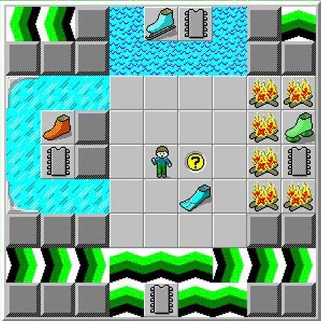 Screencap from an early level (lesson 3) of the computer game Chip’s Challenge