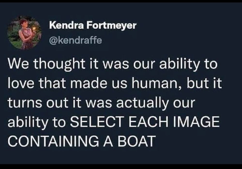Screenshot of following text: we thought it was our ability to love to make us human, but it turns out it was actually our ability to SELECT EACH IMAGE CONTAINING A BOAT