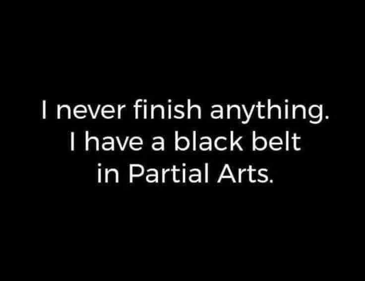 The phrase "I never finish anything, I have a black belt in partial arts" in white letters on a black background