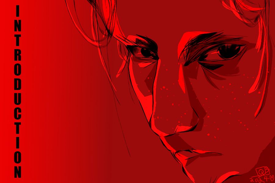 Traced image of someone’s face, with a dark red background and bright red highlights.