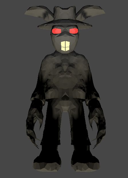 a 3D model of an anthropomorphic rabbit, dressed in a suit, all black with glowing red eyes and glowing white teeth