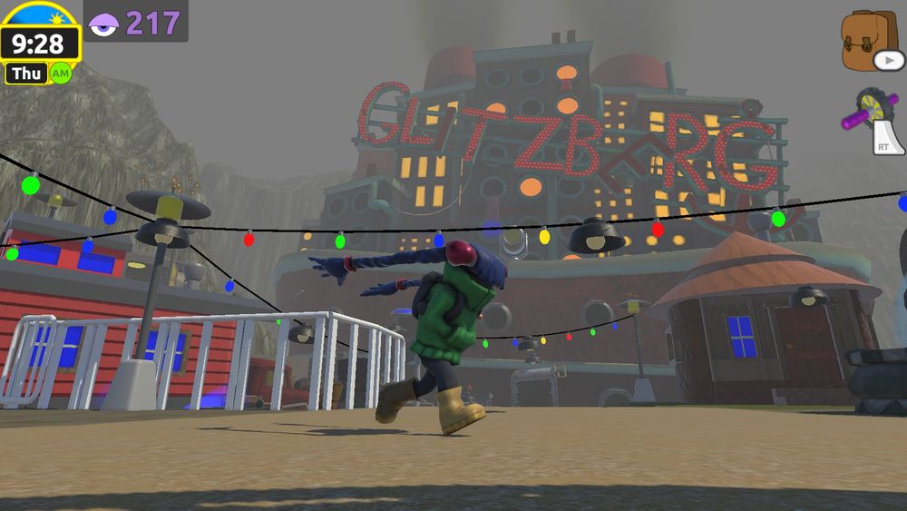 video game screenshot: a girl runs on a path. In the background is a crashed cruise ship labelled "Glitzberg"