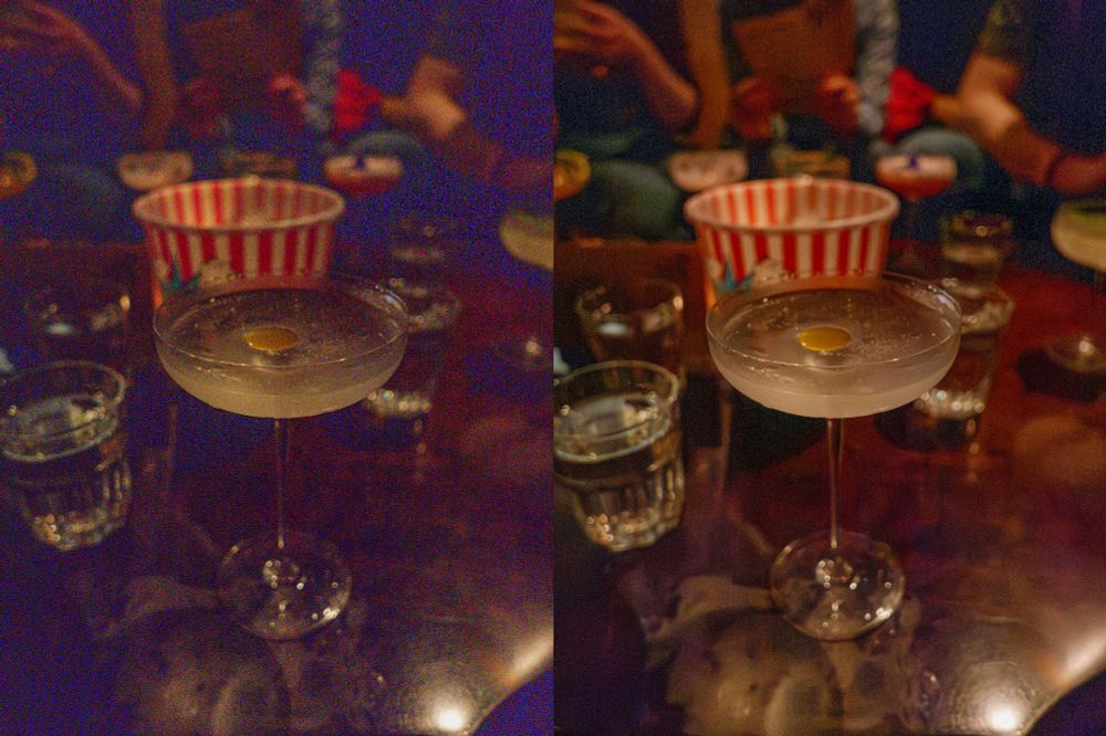 A side by side comparison of a photo of a dry martini. Left isn't denoised, right has been denoised with Adobe's AI Denoise in Lightroom