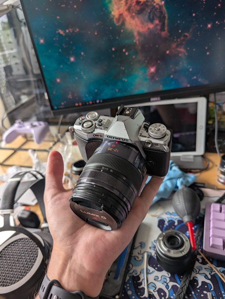 The Olympus OM-D E-M5 Mark 2 I fixed with the Lumix 12 to 35mm F2.8 lens, which I also fixed