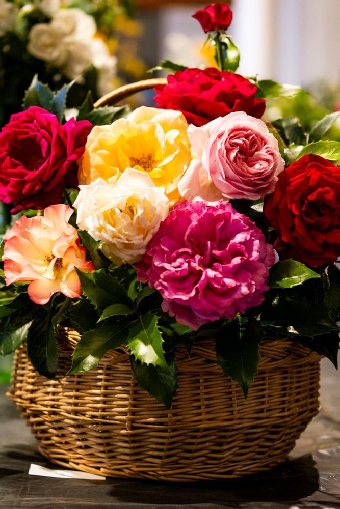 A basket of many different types of roses at a flower show. 