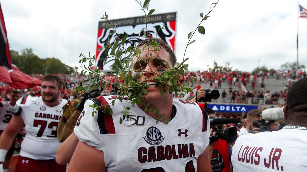 South Carolina player with pieces of Sanford Stadium hedges in his mouth after upsetting Georgia Bulldogs in 2019.