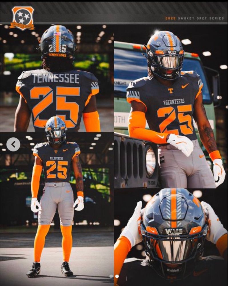 Tennessee Smokey Grey uniform that consists of creamsicle orange leg warmers, light gray pants, dark gray jersey, a helmet in a third shade a gray, and so many stripes in odd places.