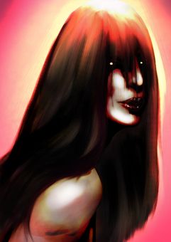 the character 2 from comicbook the ladder . a pale woman with long dark hair and glowing eyes, bathed in pinkn and yellow light .