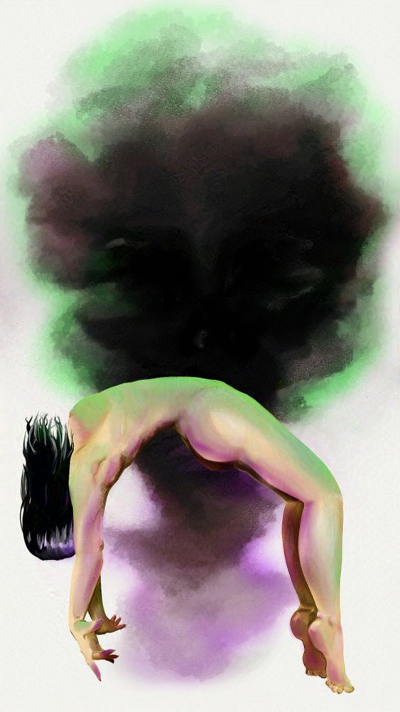 a nude woman is floating upwards by a demonic cloud .