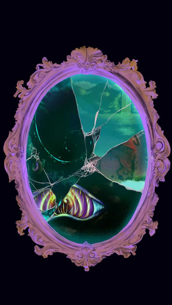 painted mid 2025 a strangely glowing cracked mirror with a fancy frame .  each broken section shows different worlds and monsters .  from the ttrpg daggerheart supplement wondrous environments .