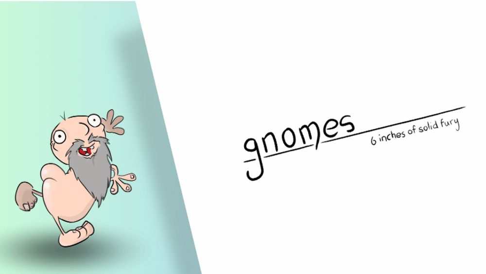 a naked gnome flashes his butt while pointing to a game book called gnomes 6 inches of solid fury .