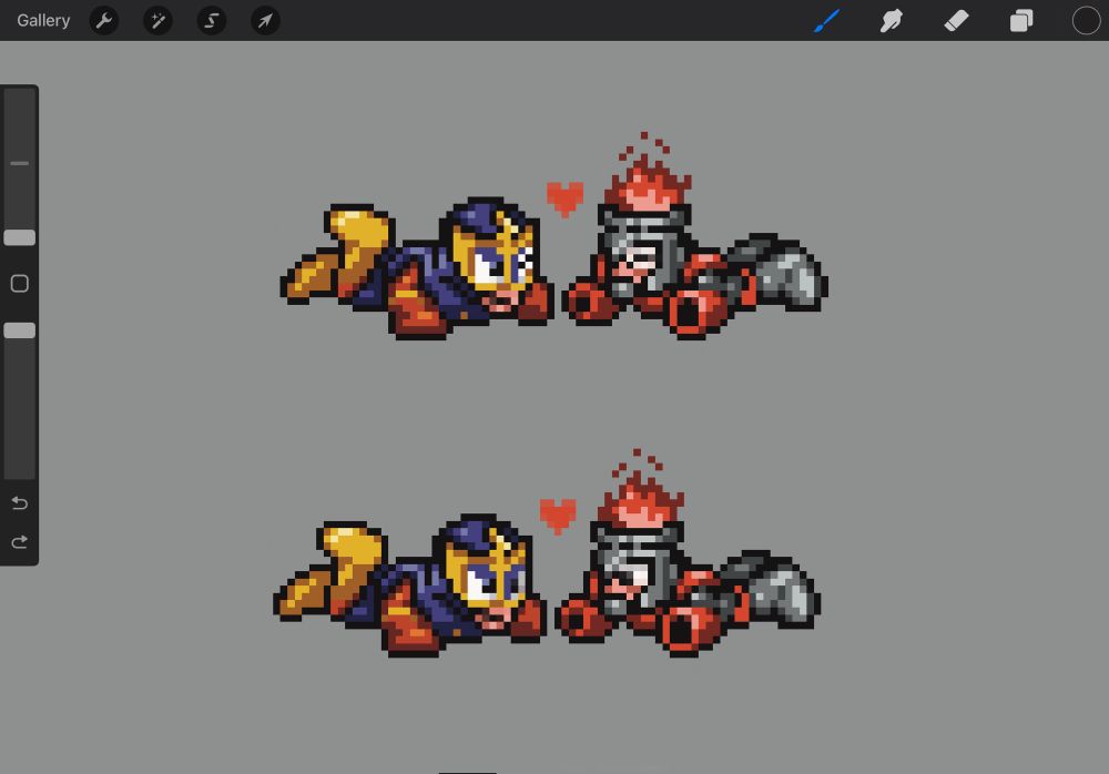 Fire and elec laying on their stomachs. 

Top image: Elec winks at Fire, Fire looks very happy.

Bottom: They look at each other 

Original sprite ripper didn’t require credit 