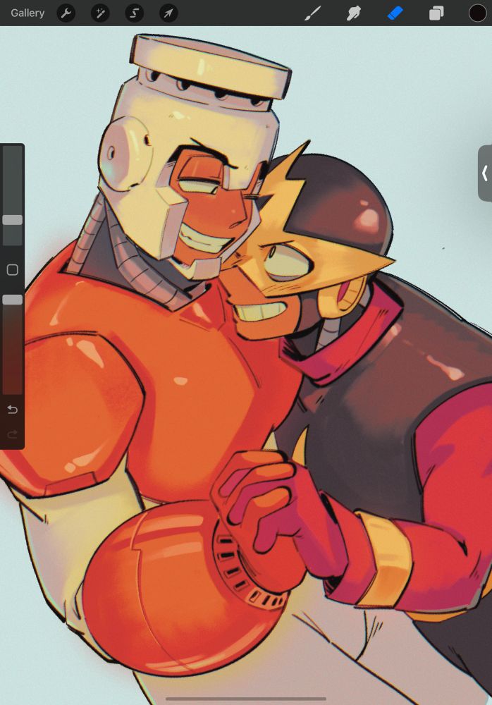 Fire and Elec have their hands clasped together. Elec pushes himself forward, nuzzling his face into Fires. Fire does the same, they both have aggressive but playful expressions on their faces.