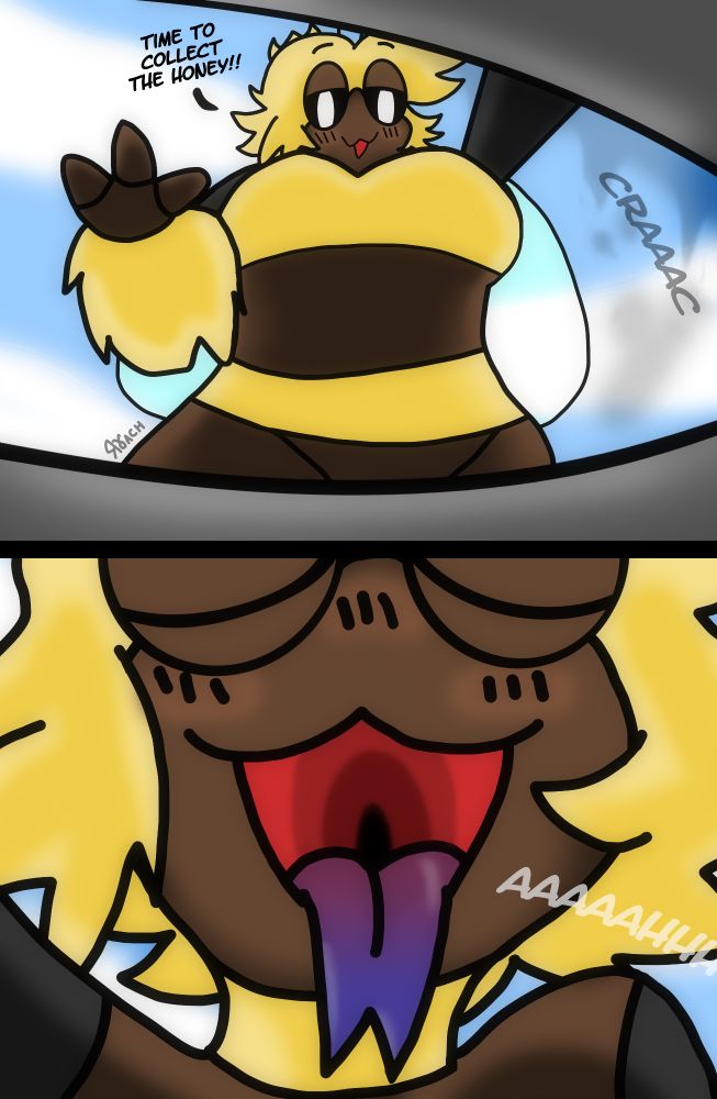 An anthropomorphic bee woman looks down on you as she strips away the roof of the building in which you were hiding. She smiles and raises a hand towards you saying: "time to collect the honey!". In the next strip, you are hanging over her open maw, with her blue tongue sticking out while she closes her eyes and says "aaaaahh~". You're going to be eaten!