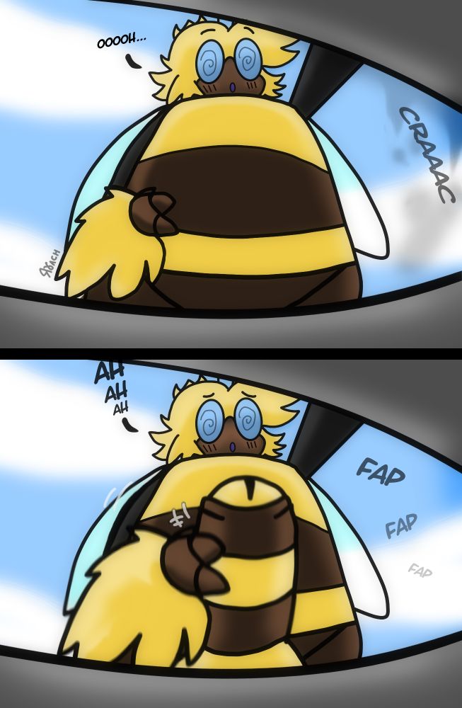 An anthropormophic bee man looks down on you as he strips away the roof of the building in which you were hiding. He looks surprised, his eyes shadowed by his goggly glasses, and says "ooooh...". In the next strip, he has taken out his aedeagus/penis, and he's stroking it with pleasure, ready to fill your room with cum. He is moaning (ah, ah, ah...) and the sound of his masturbation resounds all over the place (fap fap fap). You're going to drown in bee jizz!