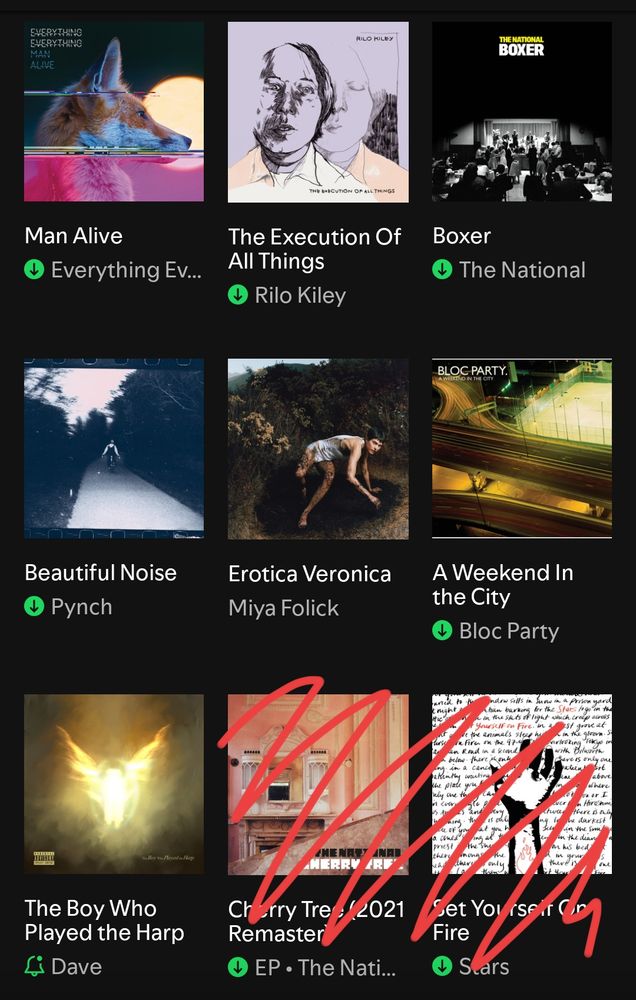 man alive - everything everything
the execution of all things - rilo kiley
boxer - the national
beautiful noise - pynch
erotica veronica - miya folick
a weekend in the city - bloc party
the boy who played the harp - dave