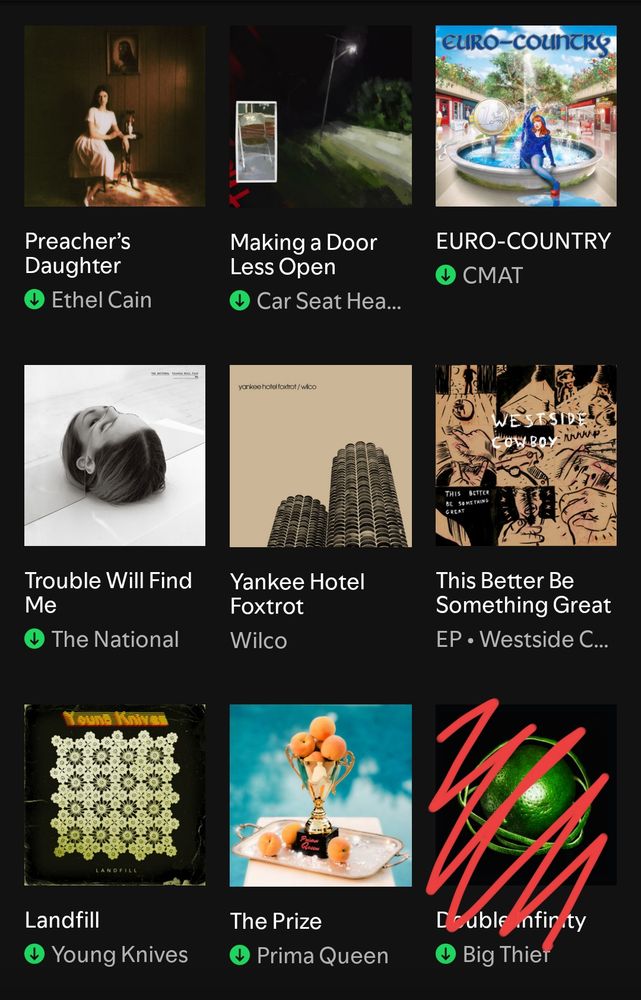 preacher's daughter - ethel cain
making a door less open - car seat headrest
euro-country - cmat
trouble will find me - the national
yankee hotel foxtrot - wilco
this better be something great - westside cowboy
landfill - young knives
the prize - prima queen