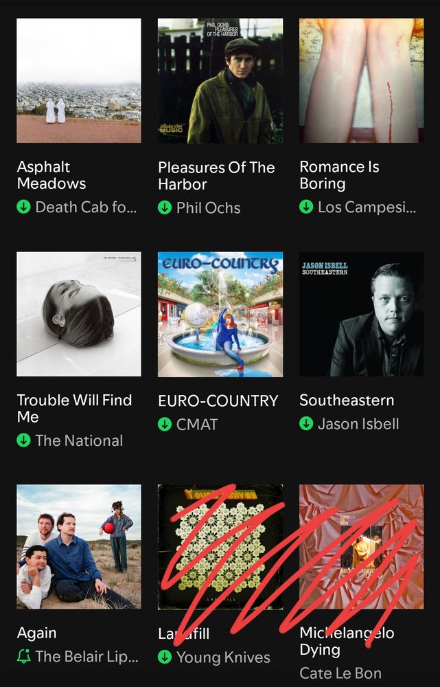 asphalt meadows - death cab for cutie
pleasures of the harbor - phil ochs
romance is boring - los campesinos!
trouble will find me - the national
euro-country - cmat
southeastern - jason isbell
again - the belair lip bombs