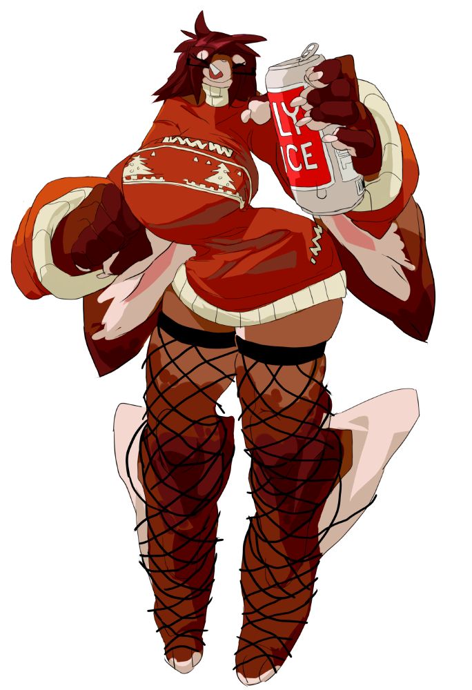 conoyl looks quite different in this piece! Long, strong legs covered in fishnets have big ol fluff poking out, while the bunny is wearing just a christmas sweater. her Big Grippers hold a can that I think reads jolly juice but I don't remember what it's supposed to say.