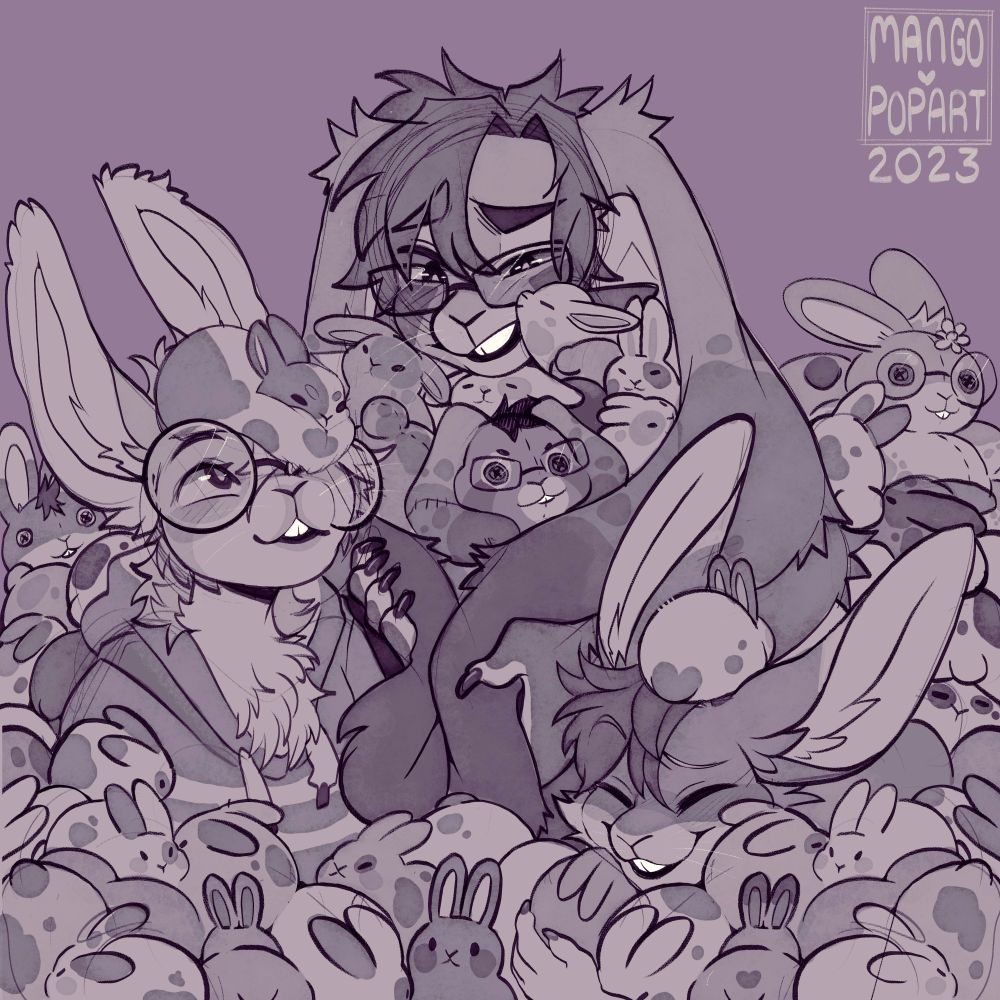 Theee anthro bunnies are buried up to the neck in assorted lil rabbits, along with three plush versions to match each of them veing mixed in with the buns. Everyone is having fun and the bunnies are adorable.