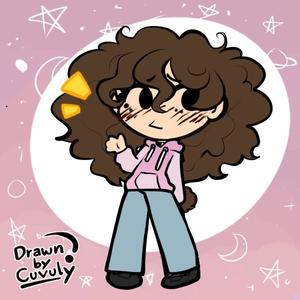 picrew representando uma garota meio sem graça usando moletom rosa e calça jeans