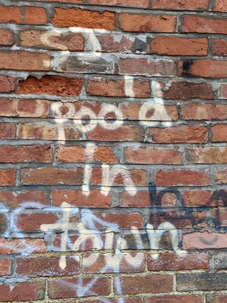 A wall inscribed with the story "SJ poo'd in town". White paint on red brick. 