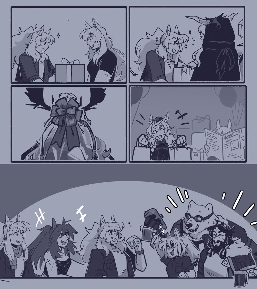 maria arknights receiving a present from Margaret, then shining and nightingale. then viviana with a big gift basket. zofia and mlynar with gifts in the living room.  final panel, maria at the bar with platinum, wildmane, grani, kowal and vogelweide