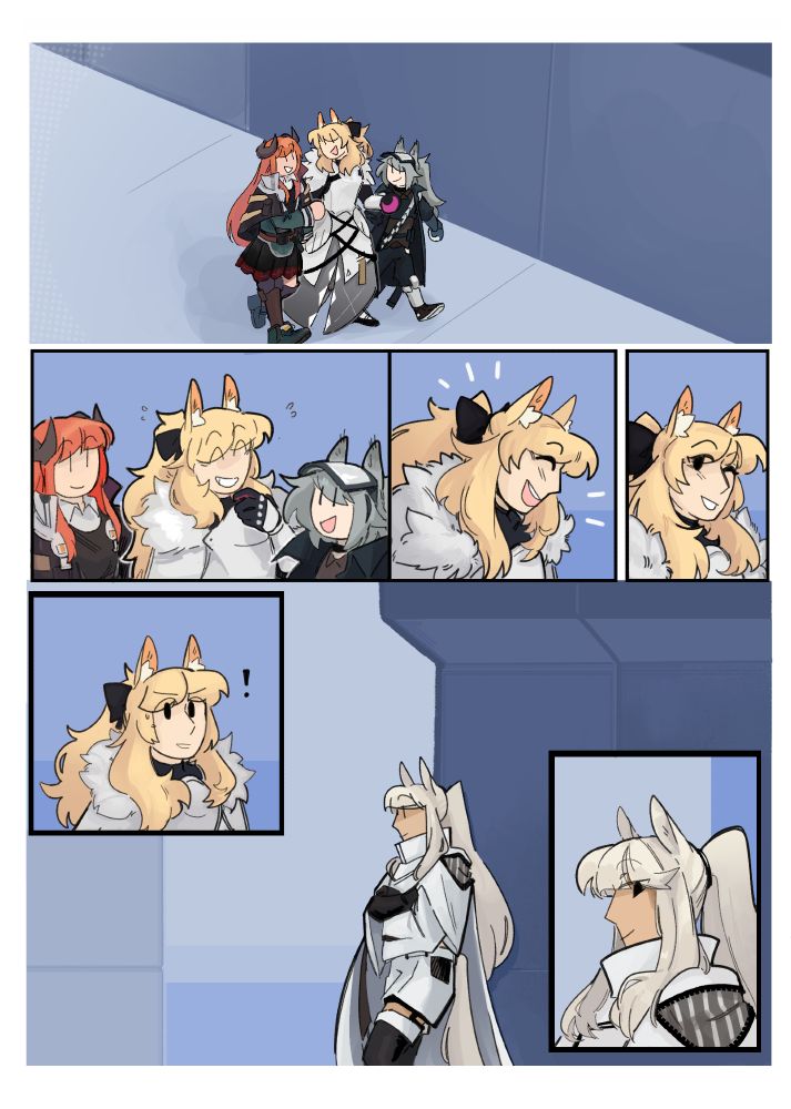 sort of blemplat, 7 panel comic of blemishine talking with grani and bagpipe then maria realizing platinum is waiting for her