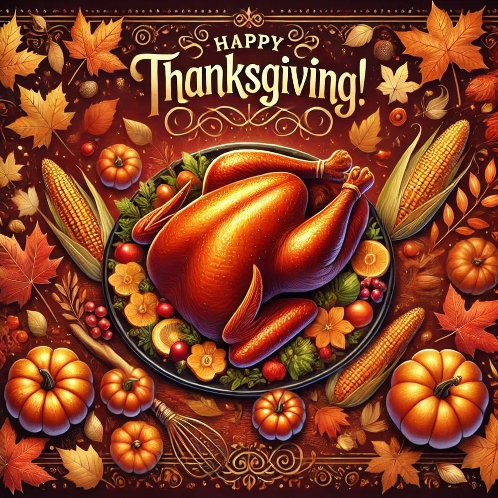 A festive Thanksgiving illustration featuring a beautifully roasted turkey at the center, surrounded by autumnal decorations such as pumpkins, corn, cranberries, leaves, and seasonal flowers. The text "Happy Thanksgiving!" is displayed prominently at the top in elegant script, set against a warm, rich background of fall colors like deep orange, red, and gold