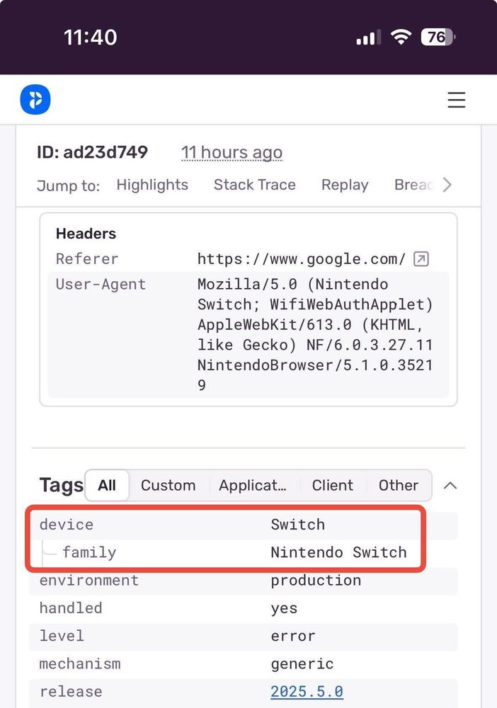 Logs showing a visitor from a nintendo switch.