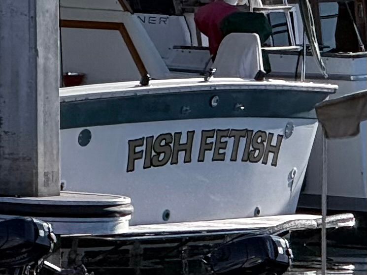 A white boat is docked at a marina, with the name “FISH FETISH” painted in large, bold letters on the stern. Other boats and dock structures are visible in the background, and part of a gray metal piling is seen in the foreground.