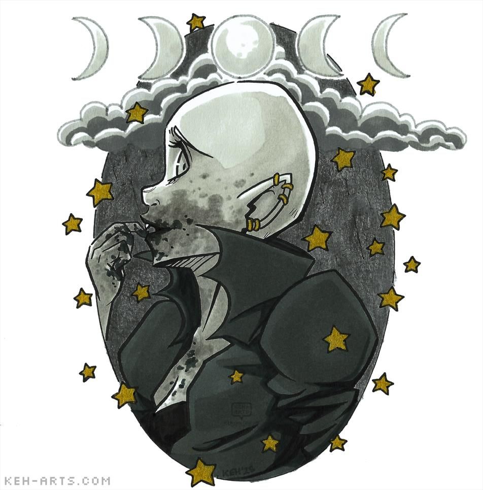 A greyscale marker + mixed media drawing of a bald vampire girl. She is in profile holding her fingers to her mouth after feeding with some greyscale blood around her mouth. She is wearing a grey vampire cape with pointed collar up around her cheeks. She has a pointed ear with small gold hoops in around the lobe. The background is grey with pencil crayon rubbed over cross outlines. Above her is a grey cloud and 5 moon phases, with the full moon in the center. There are gold stars all around. 