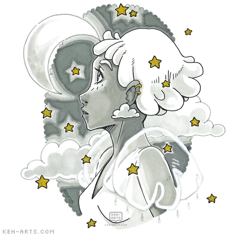A grescale marker drawing in an oval shaped background frame of a girl with white cloud shaped hair and cloud earring. She's wearing a white top with transparent puffy sleeves. The background is dark grey with a crescent moon and gold stars. 
