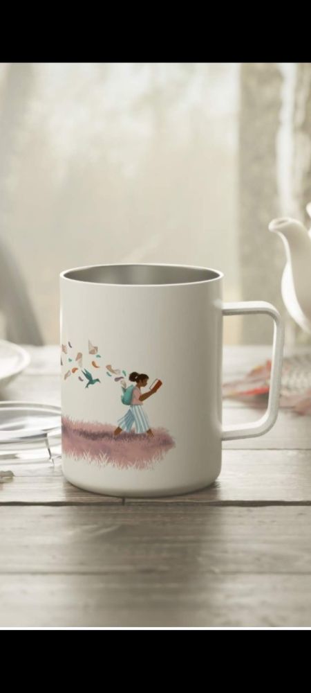 Insulated white mug young black girl reading flying paper and origami animals