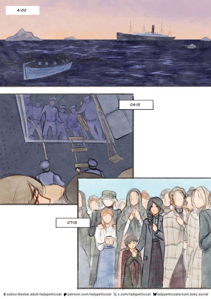 A comic page with three panels. First panel, we see the RMS Carpathia arriving and some boats floating around. It's 4:00. At 4:15 on the second panel, Carpathia's crew is gathering to receive the survivors. At 07:15 on the third panel, we see various women waiting for their husbands and fathers. In the middle, there are Joey and Alba.